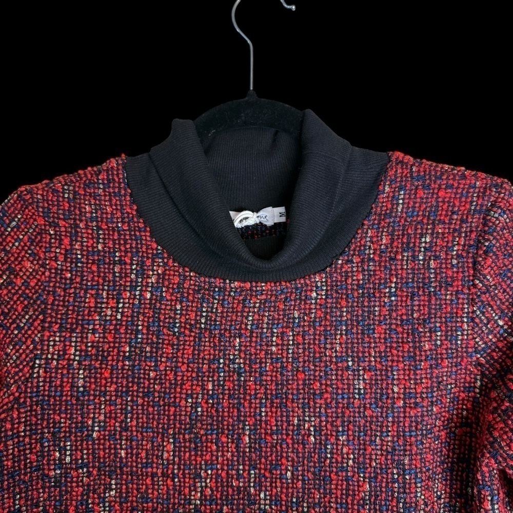 The Collective Tweed Red Black Metallic Mock Neck Long Sleeve Fringe Hem Top - Picture 7 of 14